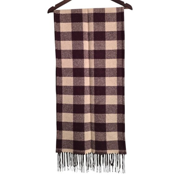 Ralph Lauren Burgundy Plaid Wool Fringe Scarf - Picture 4 of 5
